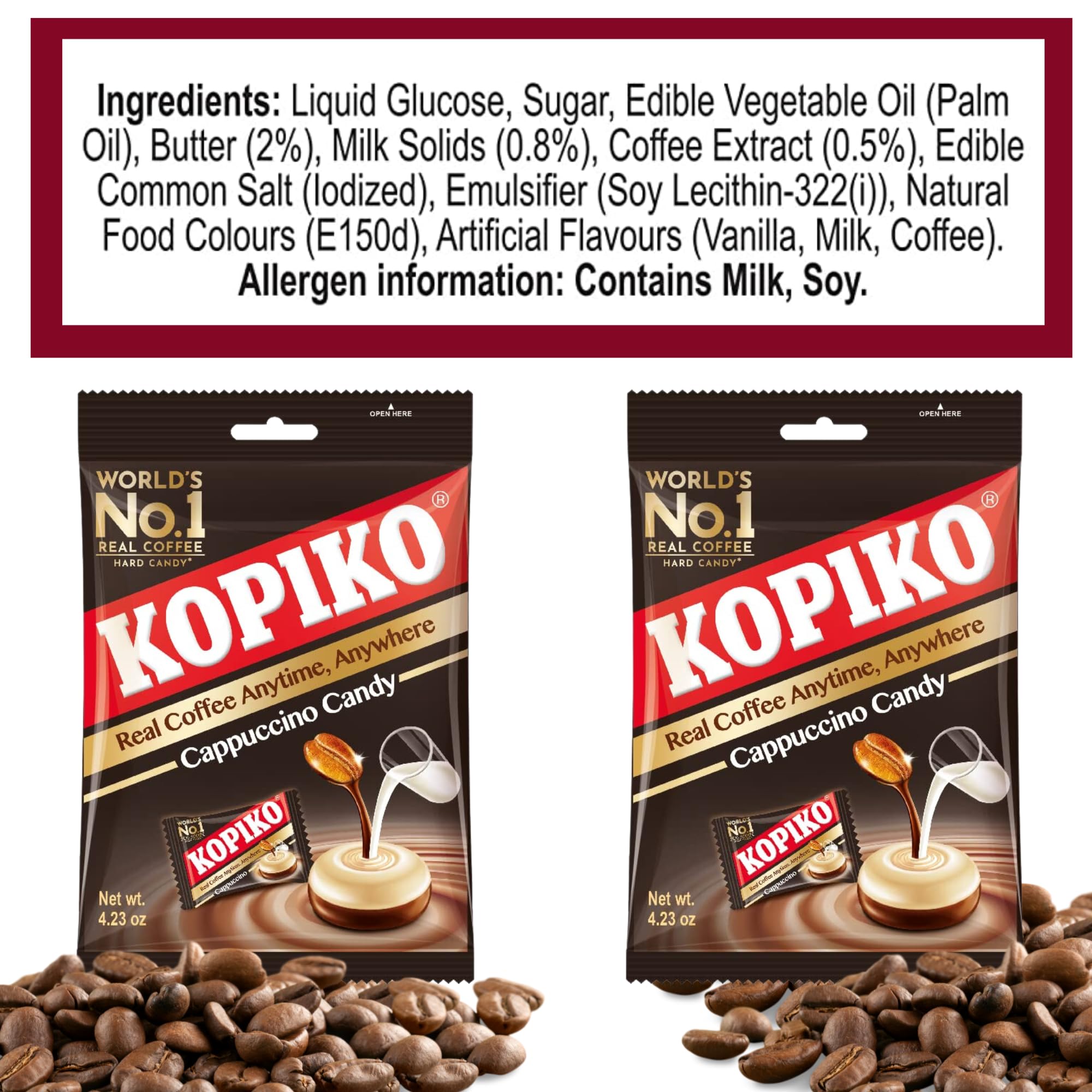 Front packaging of Kopiko Cappuccino Candy clearly shows flavor.