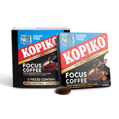 Kopiko Focus two candies close-up highlighting 80 mg caffeine