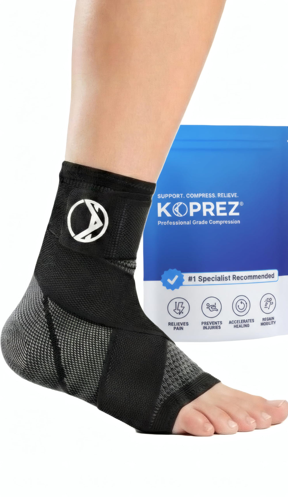 Koprez Plantar Fasciitis Sleeve front view showing ankle support during daily activities
