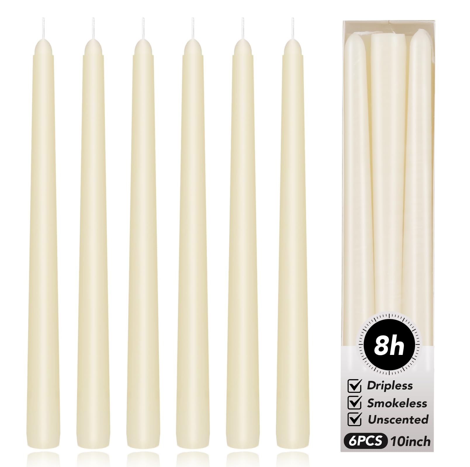 KORCCI Ivory Taper Candles 10in set glowing for elegant table décor.