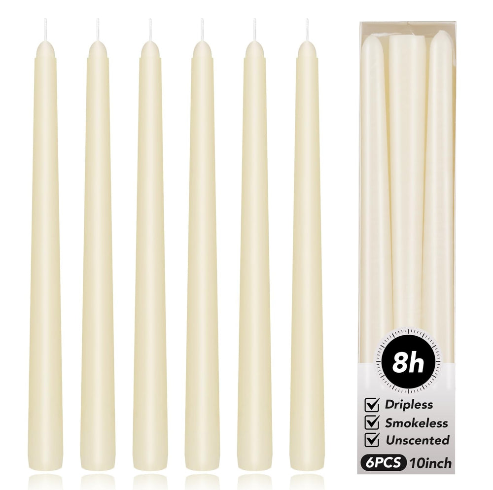 KORCCI Ivory Taper Candles 10in set glowing for elegant table décor.