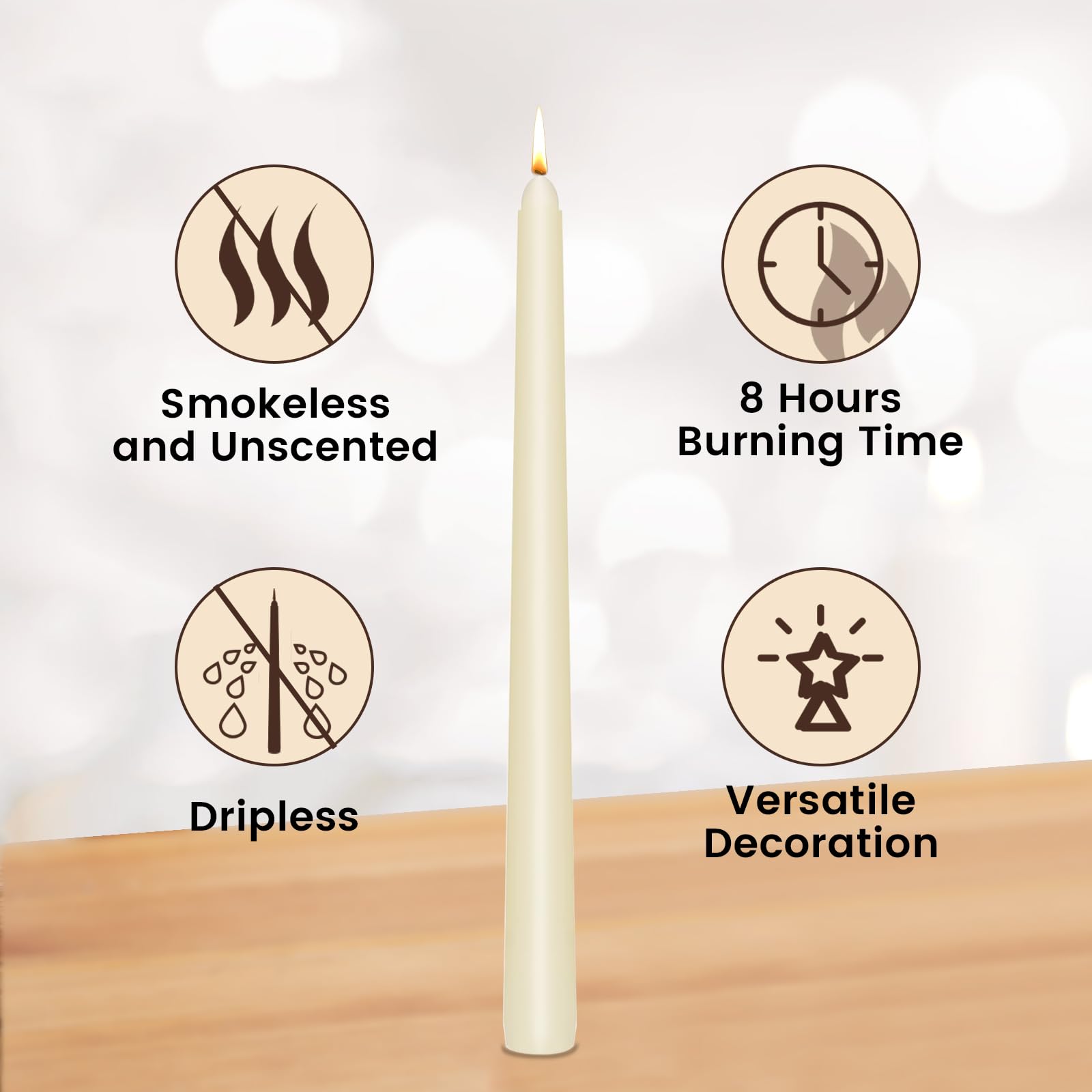 KORCCI Ivory Taper Candles burn up to 8 hours with steady flame.