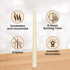 KORCCI Ivory Taper Candles burn up to 8 hours with steady flame.