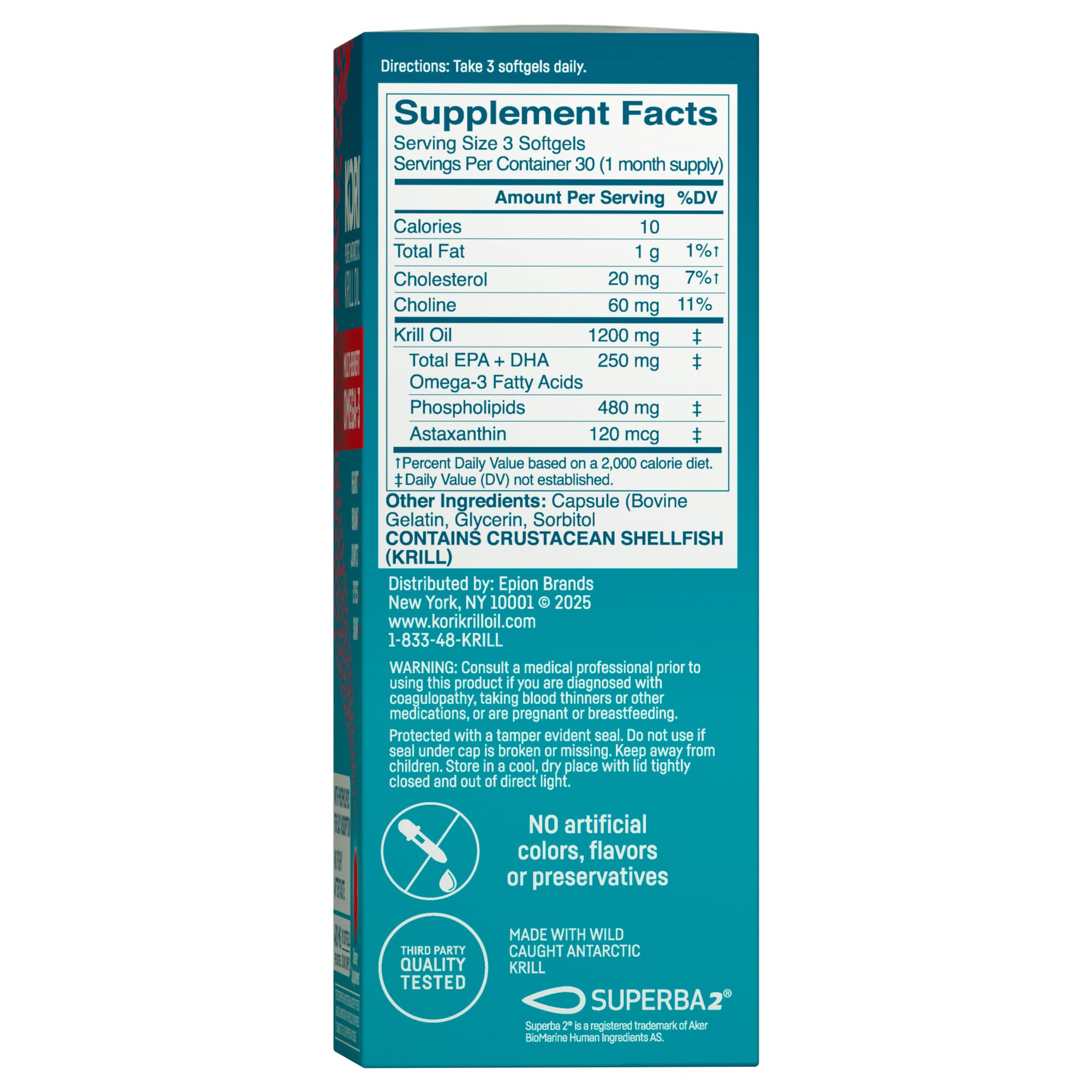 Kori Krill Oil label highlights Antarctic sourcing and high-quality omega-3 promise.