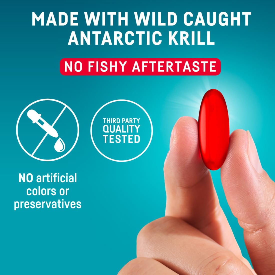 Kori Krill Oil capsule image shows astaxanthin content for antioxidant support.