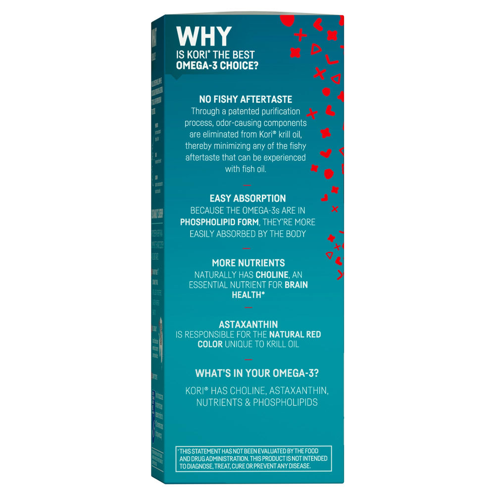 Kori Krill Oil packaging notes 250 mg EPA & DHA per serving for potential benefits.