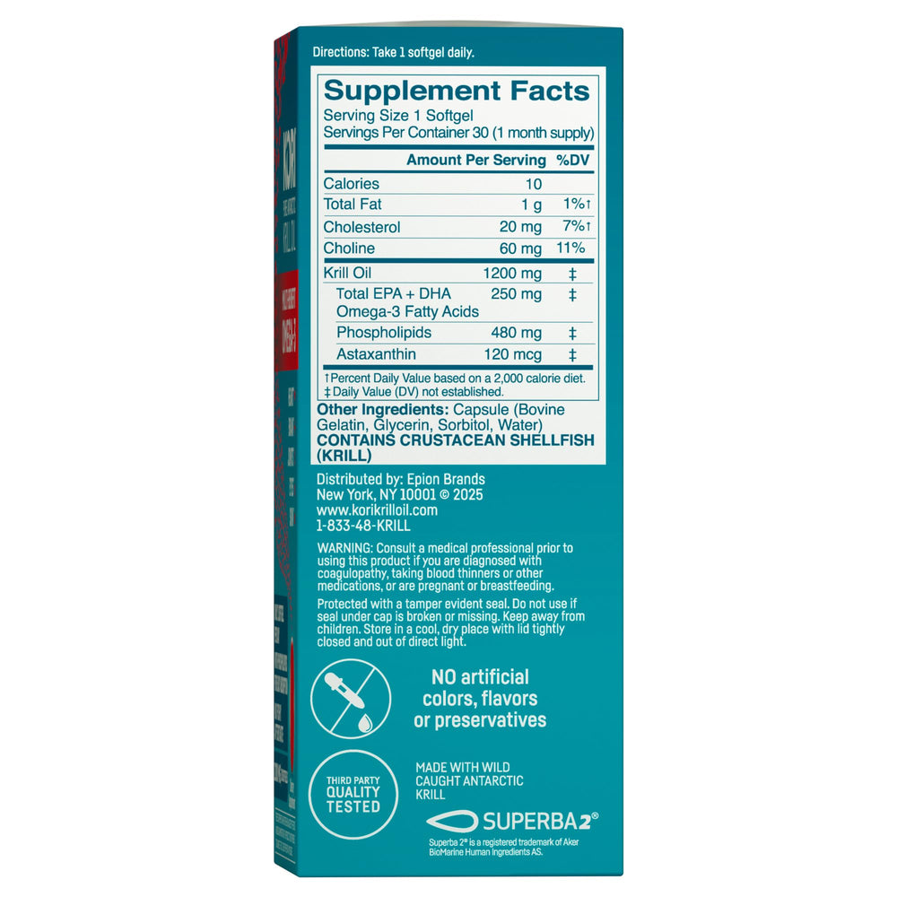 Kori Krill Oil label closeup showing phospholipid form and astaxanthin.