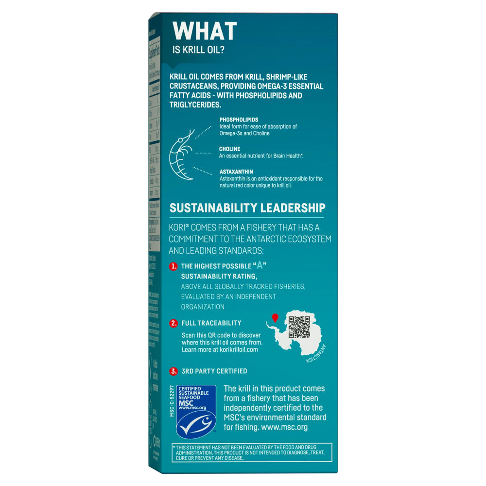 Kori Krill Oil phospholipid form close-up suggests enhanced absorption potential.