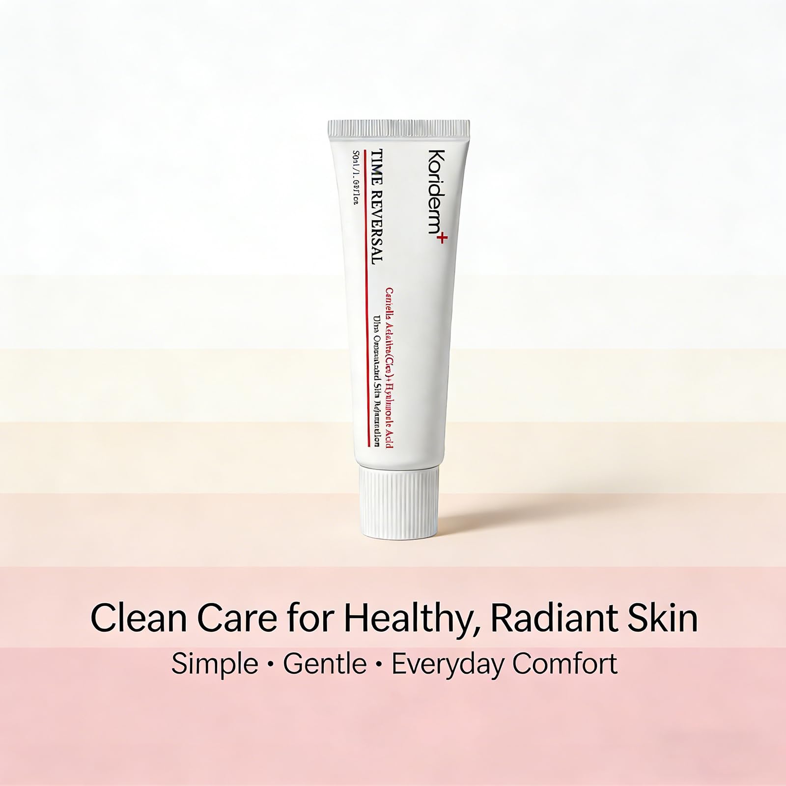 Koriderm Cream in a tidy skincare setup with other products.