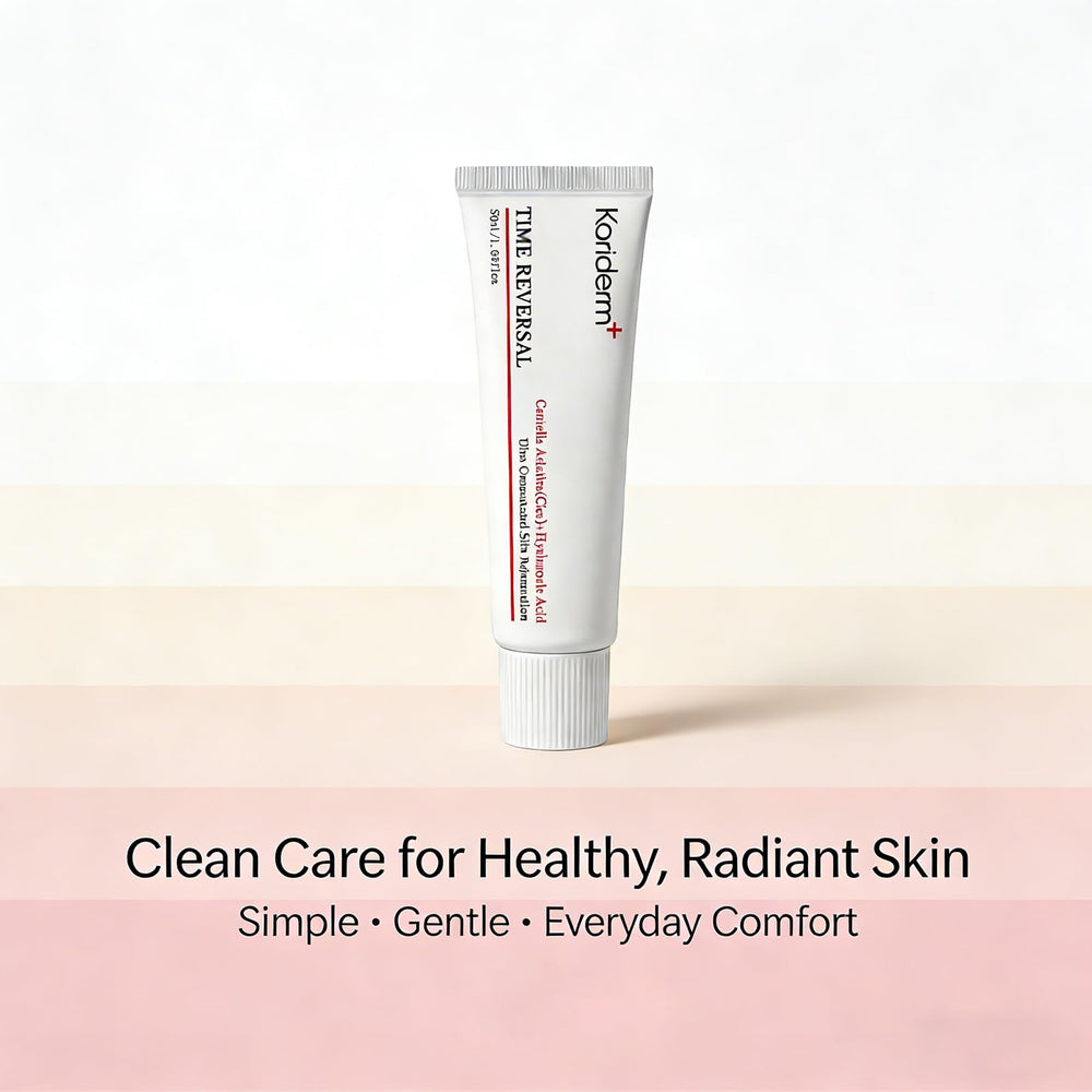 Koriderm Cream in a tidy skincare setup with other products.