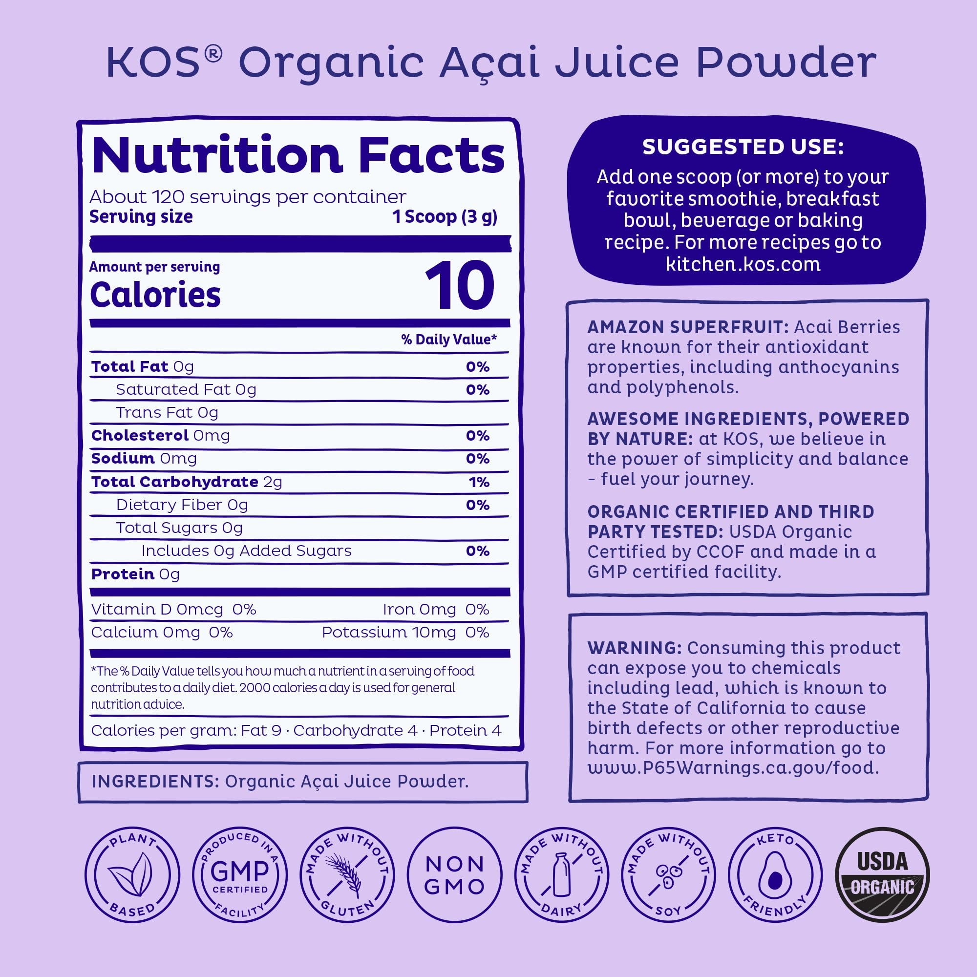 KOS Acai powder scoop for precise measuring in bowls and shakes.