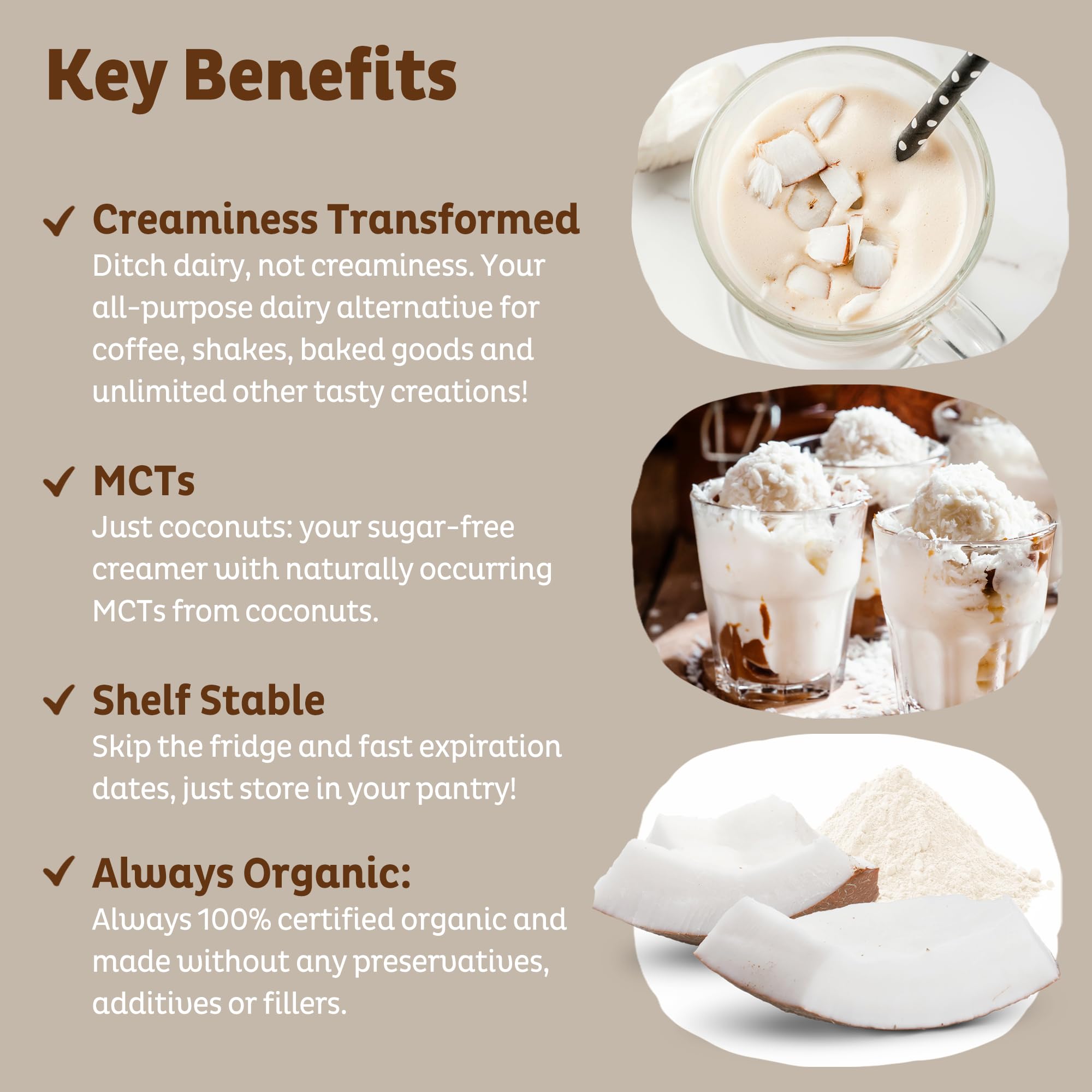 KOS Coconut Milk Powder with coffee cup demonstrates creamy dairy-free creamer use.