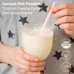 KOS Organic Coconut Milk label highlights non-GMO, gluten-free, and sugar-free promises.