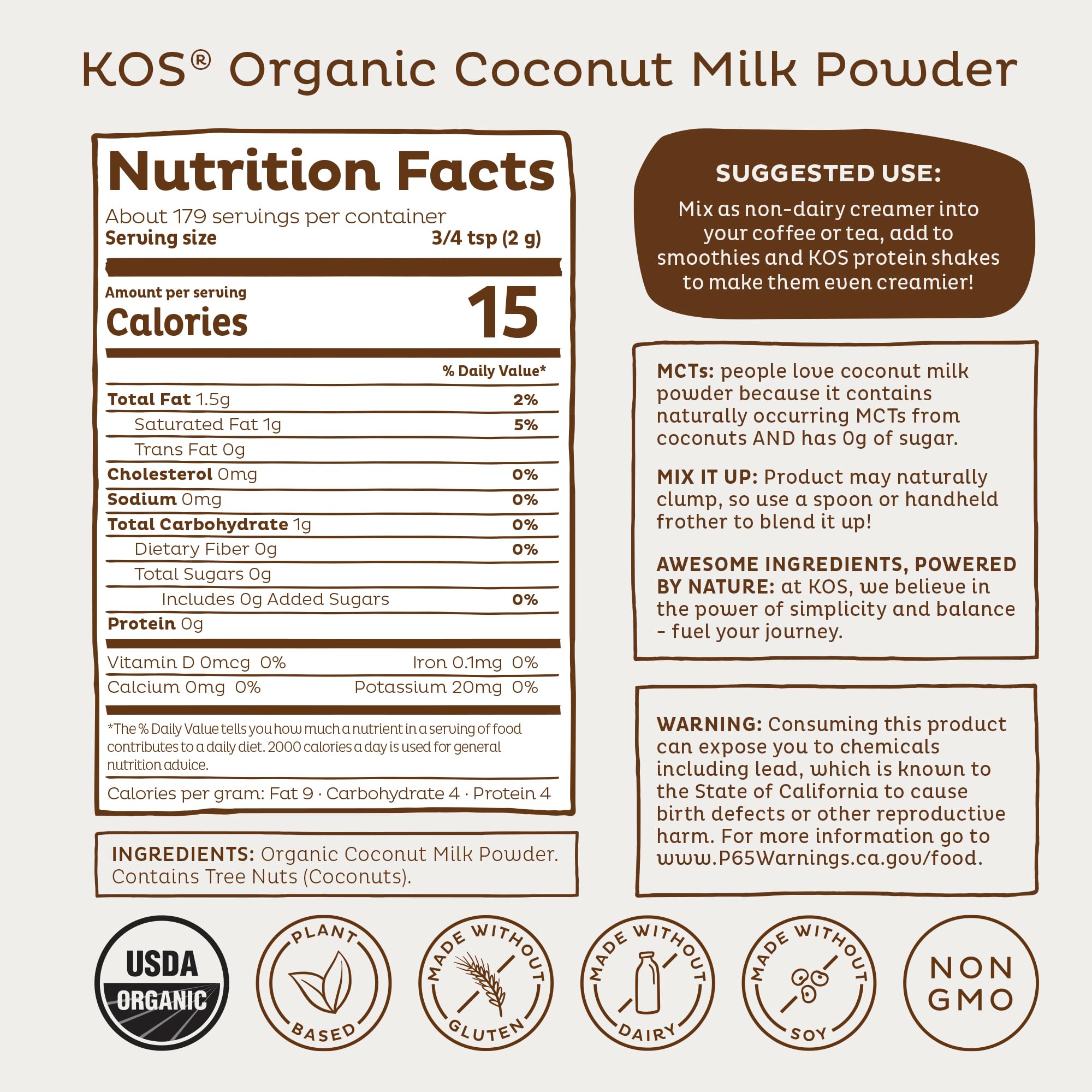 KOS Coconut Milk Powder scoop indicates easy portioning for smoothies and baking.