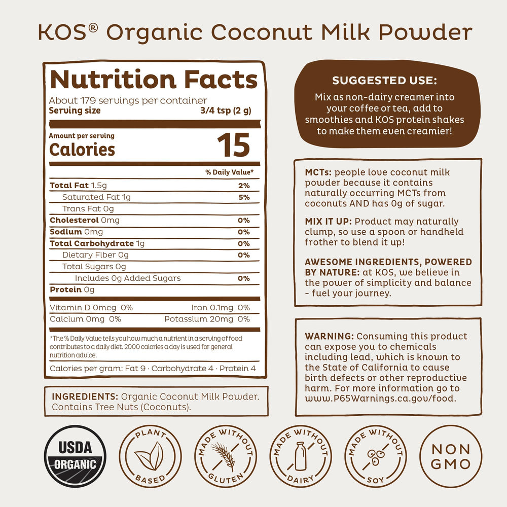 KOS Coconut Milk Powder scoop indicates easy portioning for smoothies and baking.