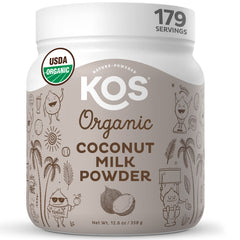 KOS Coconut Milk Powder tub front, showcasing organic packaging and dairy-free creaminess for coffee.