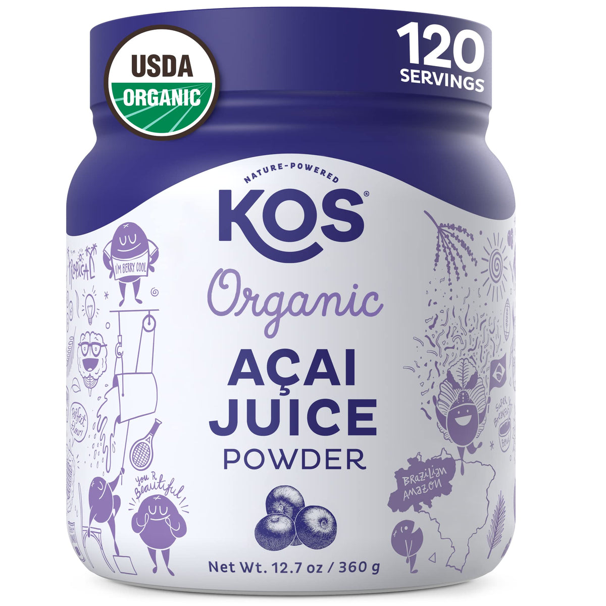 KOS Organic Acai Juice Powder bottle showcases antioxidant-rich superfood for smoothies.