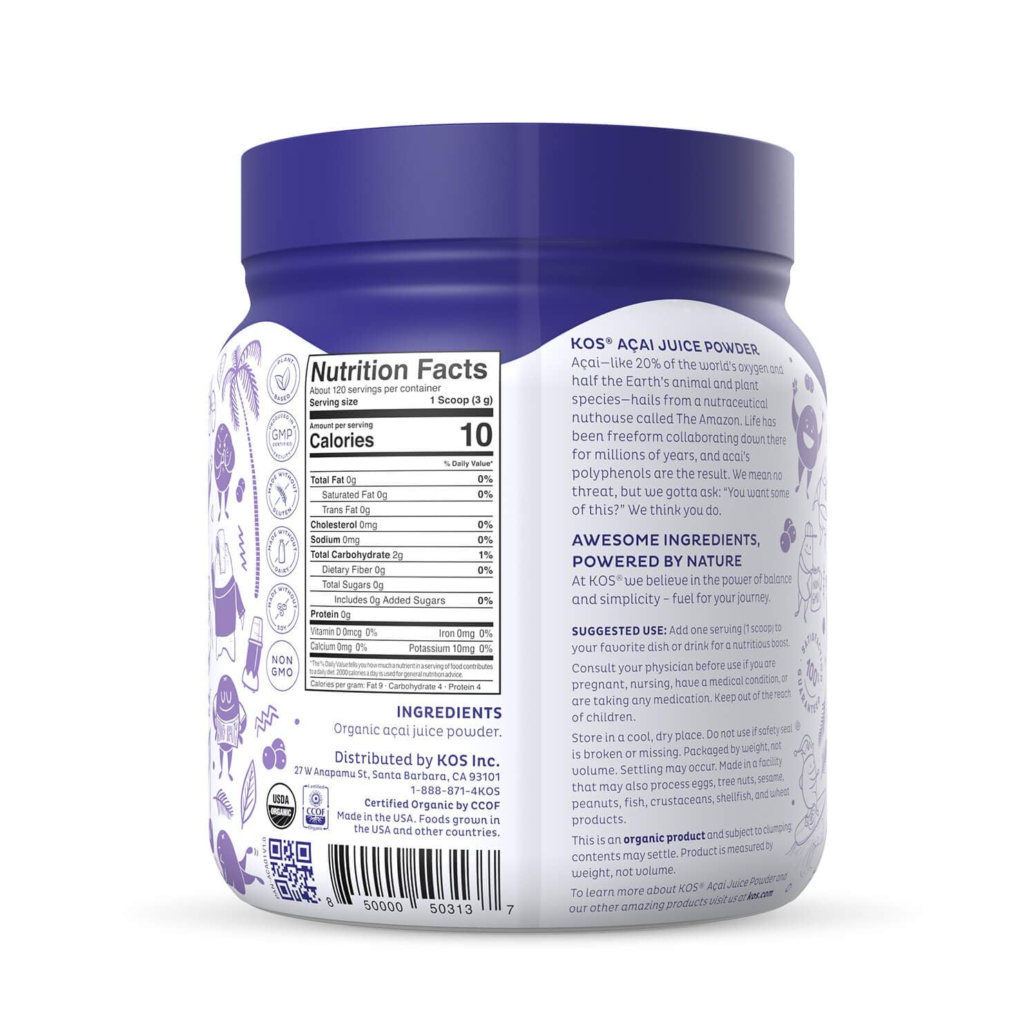KOS Organic Acai packaging communicates premium, organic, non-GMO superfood.