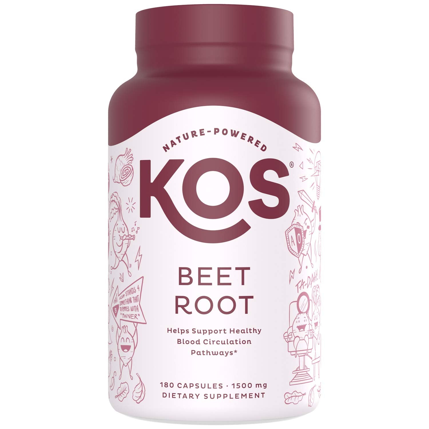 KOS Organic Beetroot Capsules bottle with 180 capsules for daily wellness.