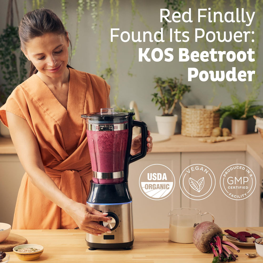 KOS Organic Beetroot Powder measuring spoon shows precise scooping for recipes.