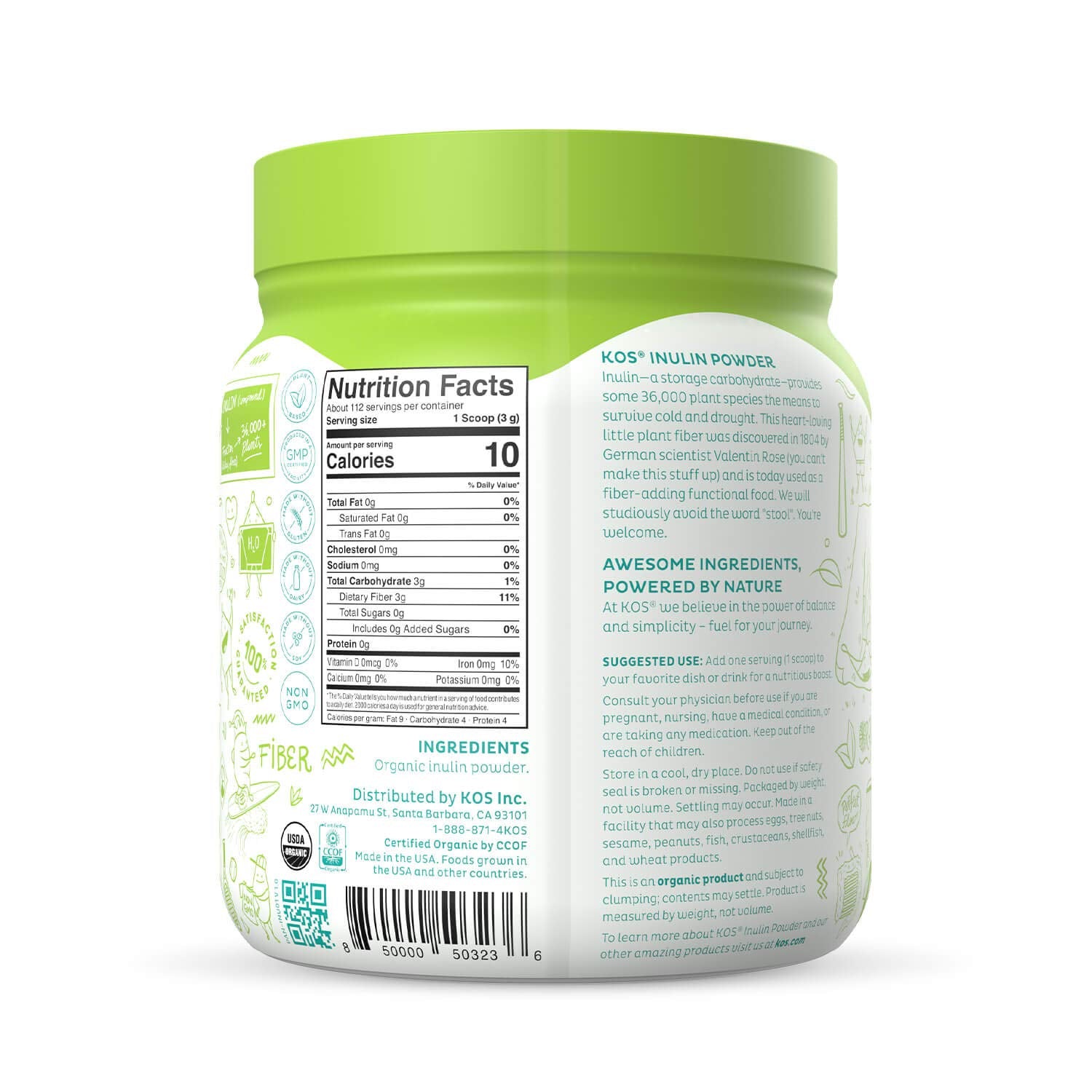 KOS Organic Inulin Powder ingredients back label emphasizes gluten-free and soy-free formulation.