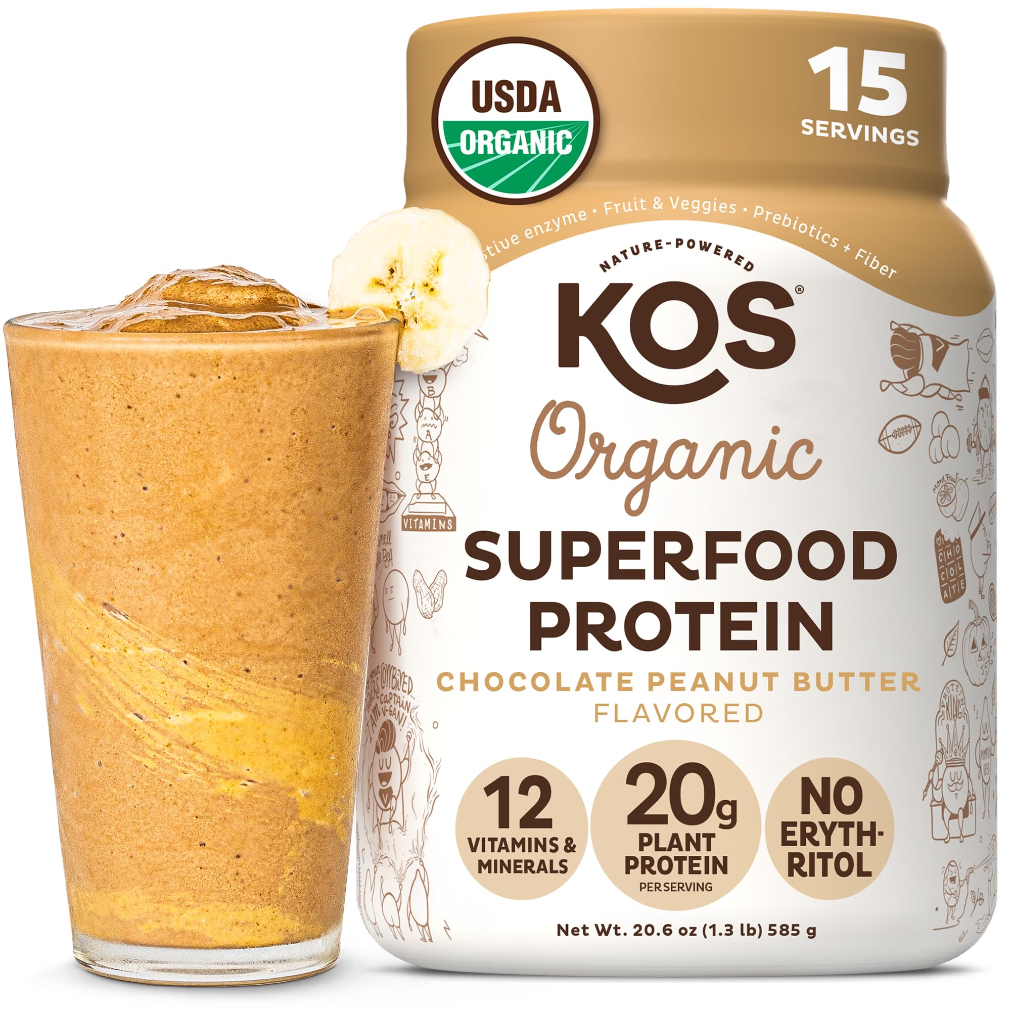 KOS Organic Plant Based Protein Powder tub with chocolate peanut butter flavor for vegan shakes