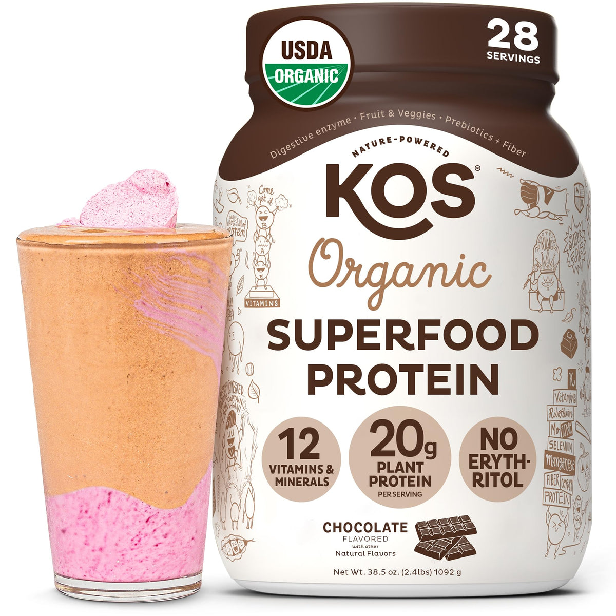 KOS vegan chocolate protein powder bag showing organic ingredients for a plant-based boost.