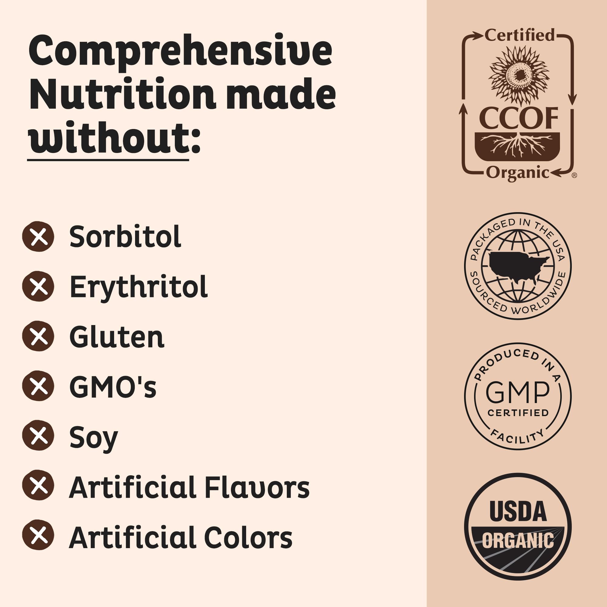 KOS organic-certified ingredients icon on vegan protein packaging.