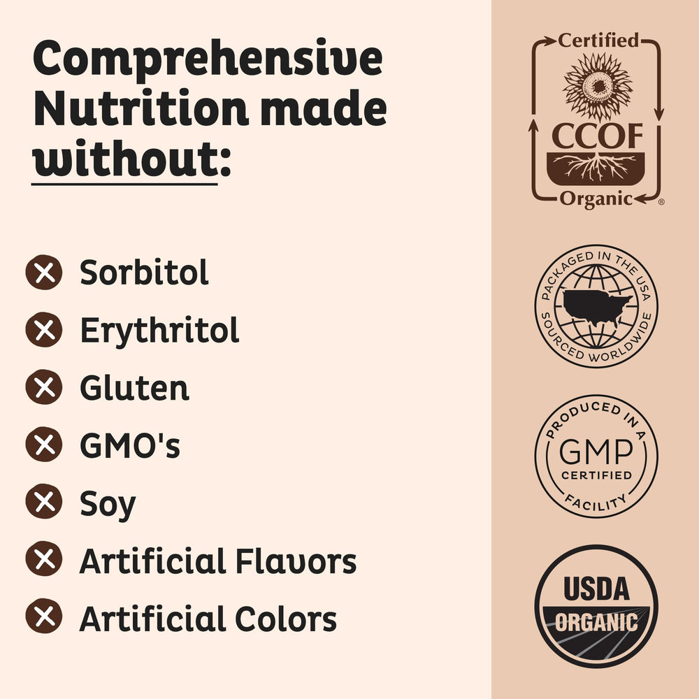 KOS organic-certified ingredients icon on vegan protein packaging.