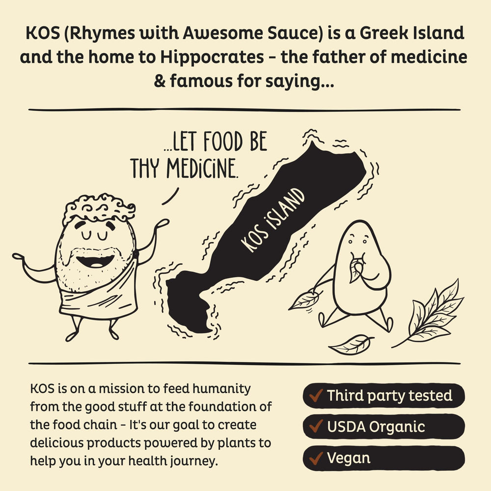 KOS Vegan Protein Powder ingredients panel highlights vitamins and minerals.