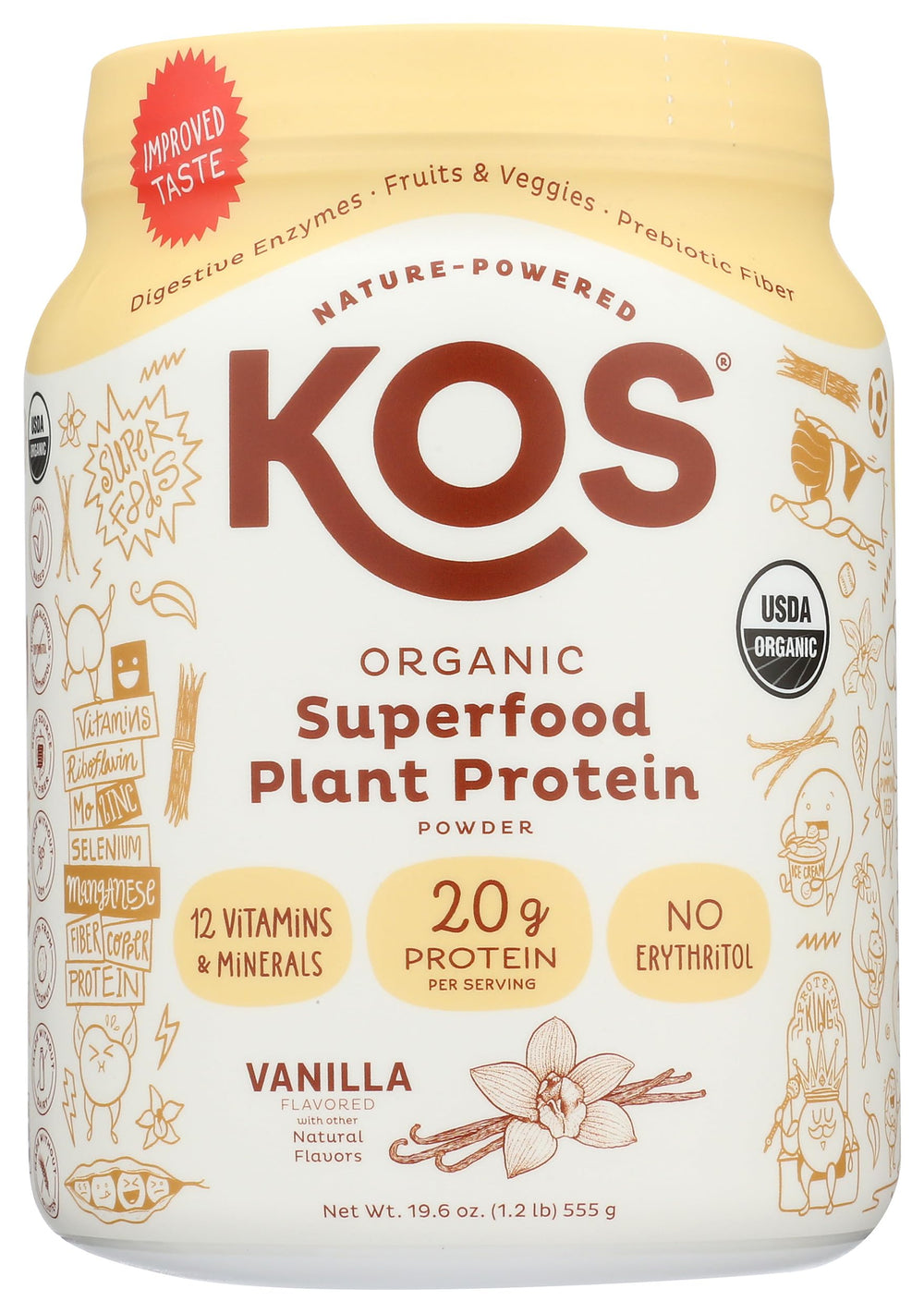 KOS vegan protein ingredients panel highlights organic, gluten-free nutrition.