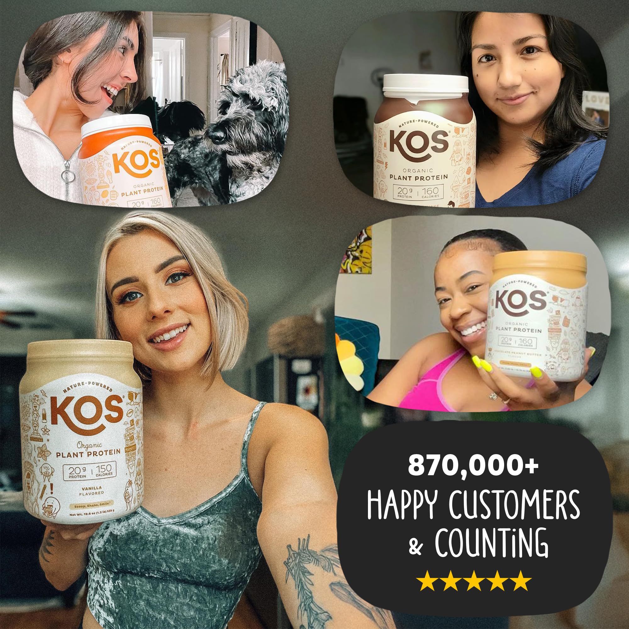 KOS vegan protein packaging front view shows eco-friendly, allergy-safe formula.