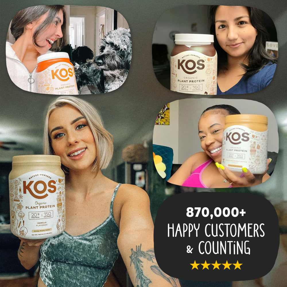KOS vegan protein packaging front view shows eco-friendly, allergy-safe formula.