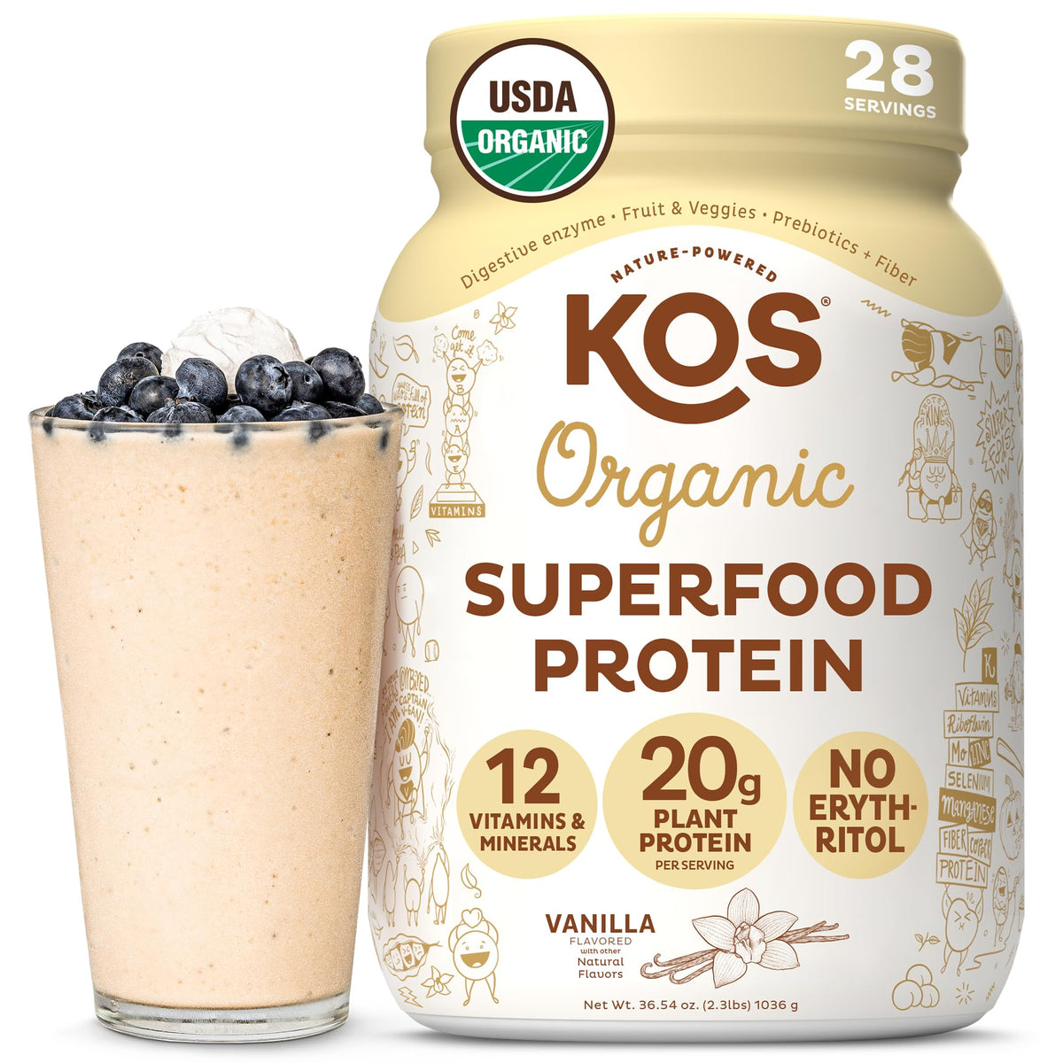 KOS Vegan Protein Powder Vanilla bottle highlights organic ingredients and dairy-free benefits.