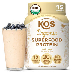KOS vegan protein powder vanilla bottle highlights organic ingredients for clean, plant-based nutrition.