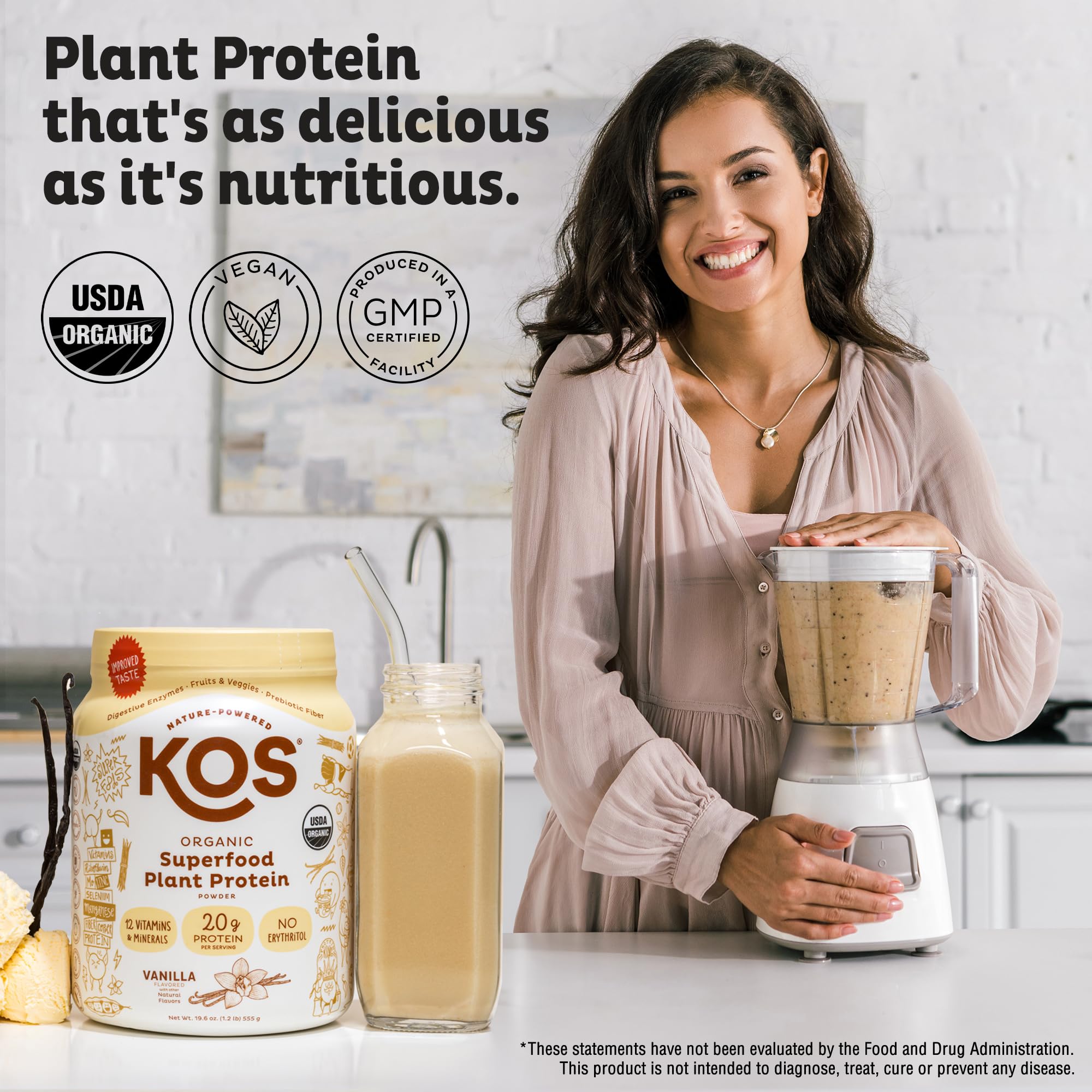 KOS vegan protein powder vanilla scoop shows quick, protein-packed shakes after workouts.