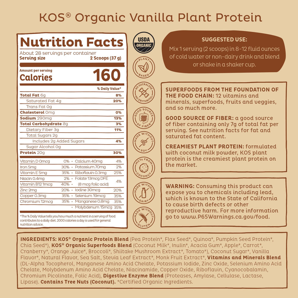 KOS Vanilla-serving image suggests quick, ready-to-use shakes for meals or snacks.