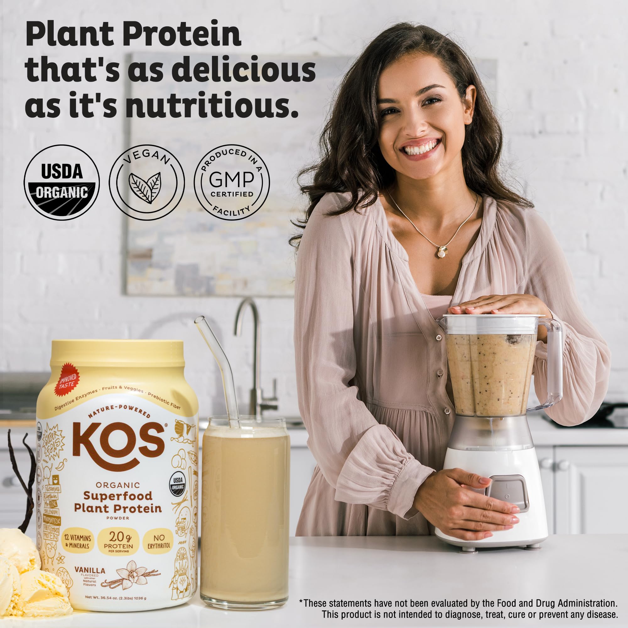 KOS Vegan Protein Powder Vanilla shake demonstrates a ready-to-drink plant-based option.