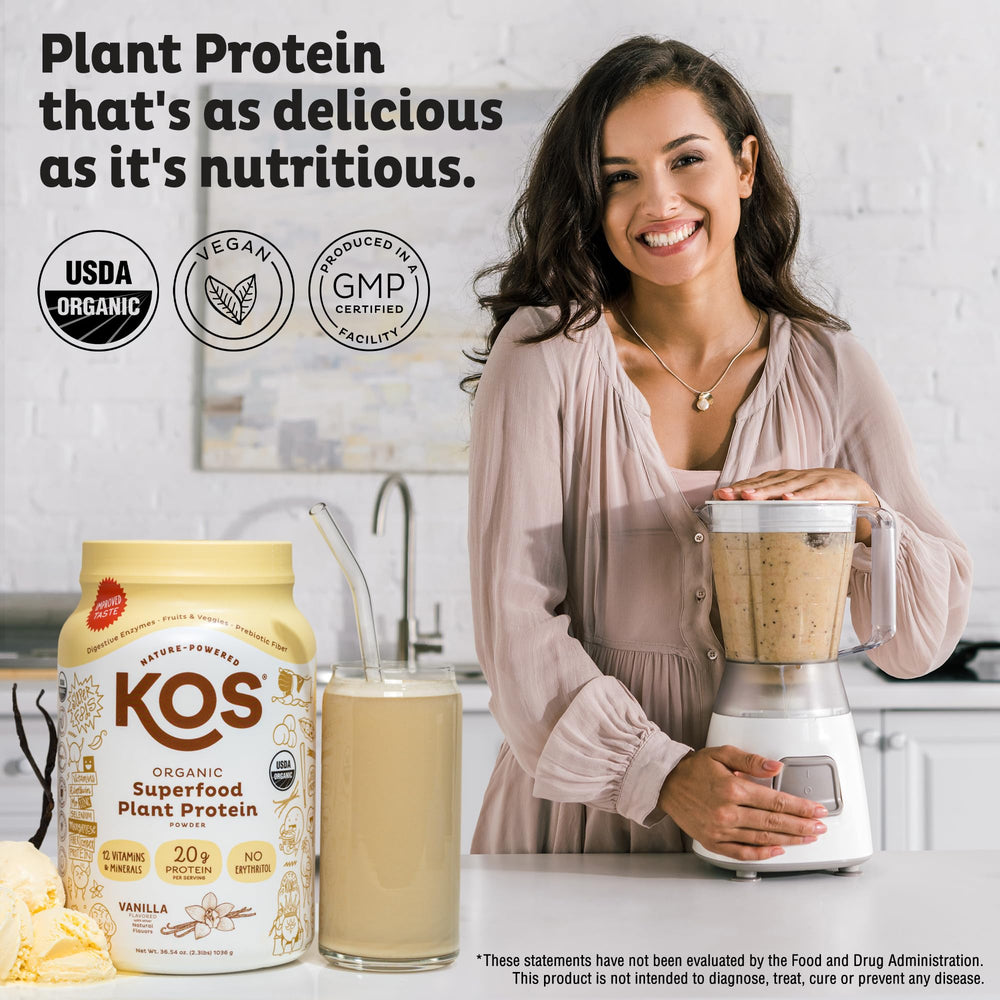 KOS Vegan Protein Powder Vanilla shake demonstrates a ready-to-drink plant-based option.