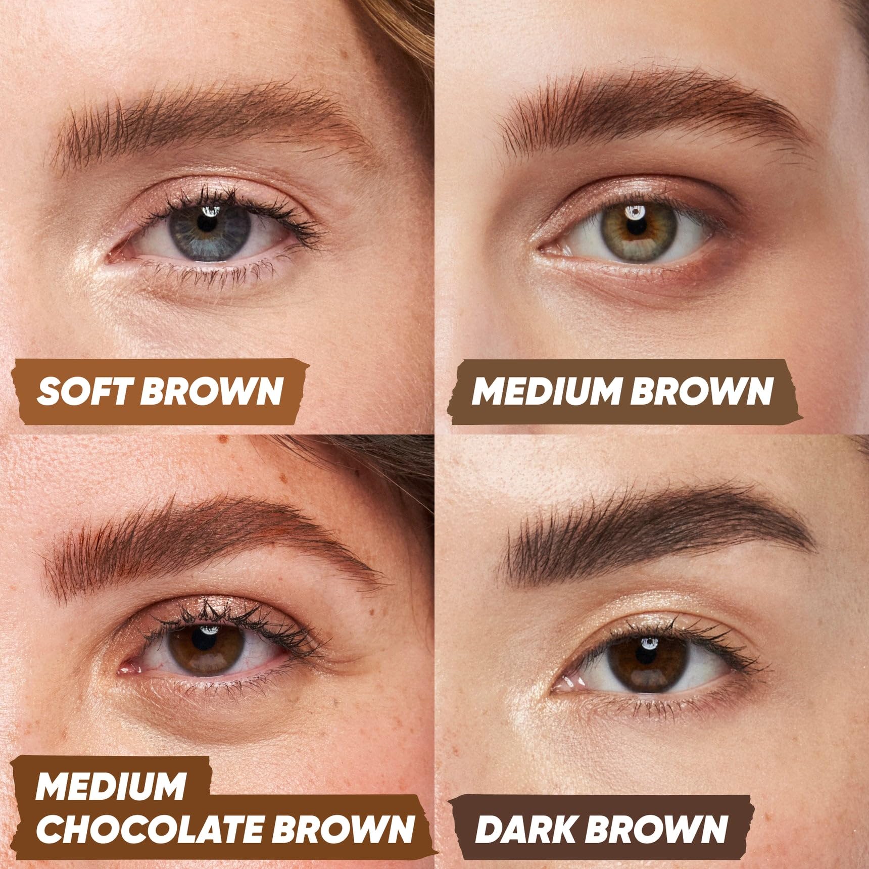 Kosas Air Brow Gel swatches reveal shade range from blonde to dark.
