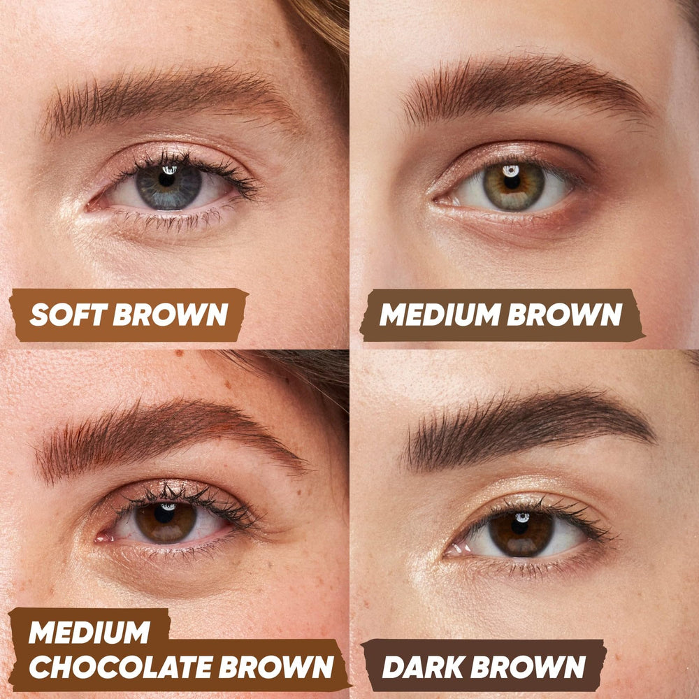 Kosas Air Brow Gel swatches reveal shade range from blonde to dark.