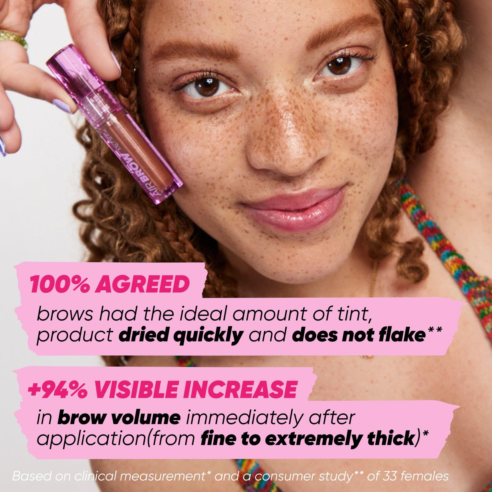Kosas Air Brow Gel texture closeup highlights lightweight, non-crunch finish.