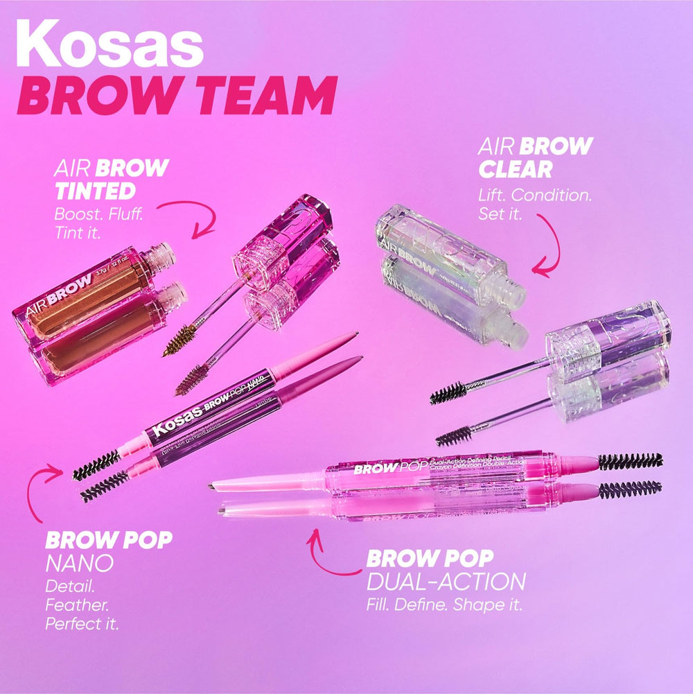 Kosas Air Brow Gel provides flexible hold that lasts through day.