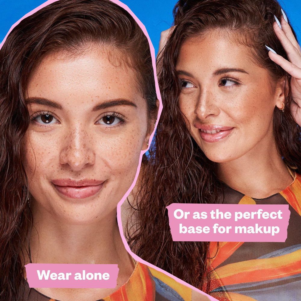 Kosas DreamBeam SPF 40 makeup base application shows smooth foundation prep.