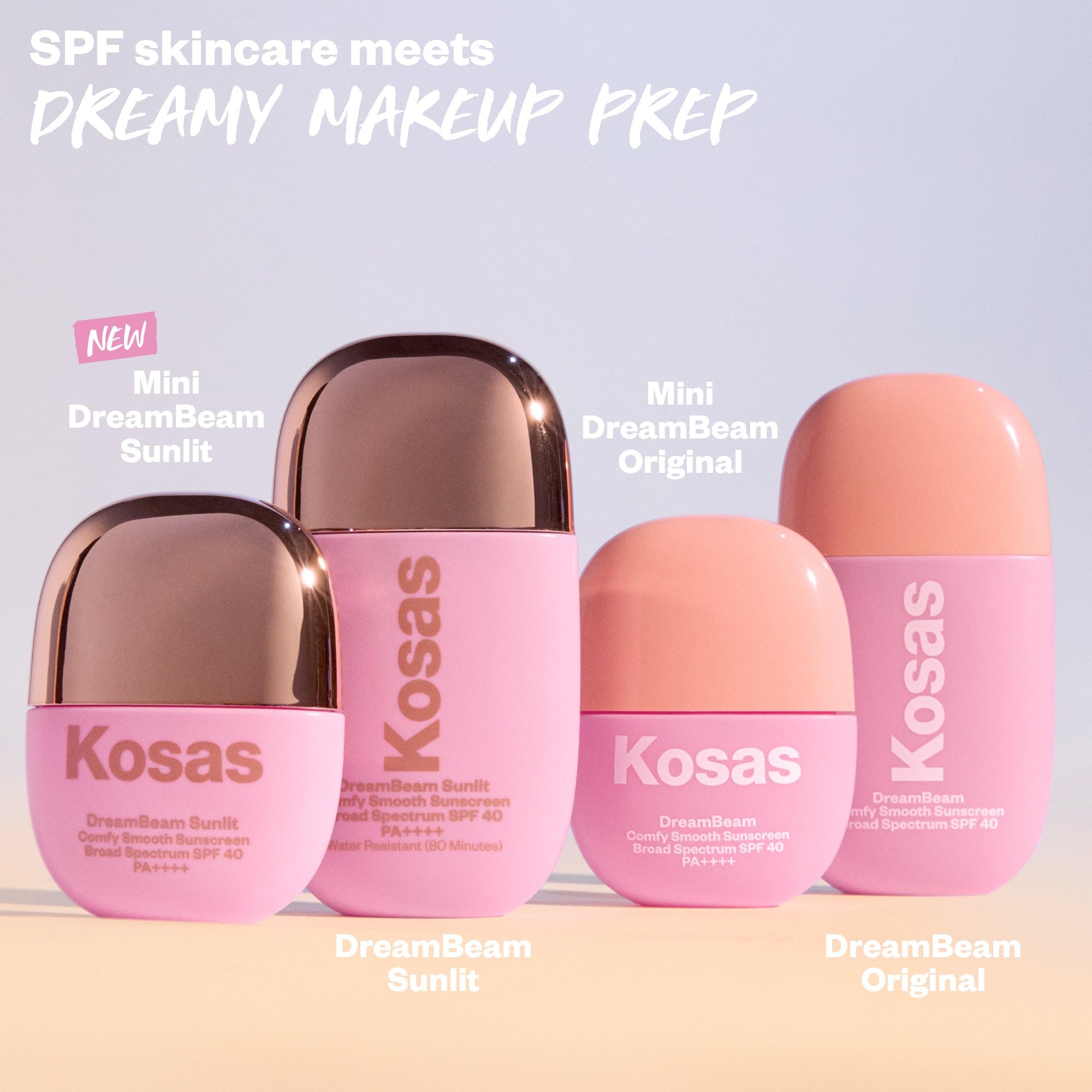 Kosas DreamBeam SPF 40 mineral sunscreen packaging for travel and on-the-go protection.