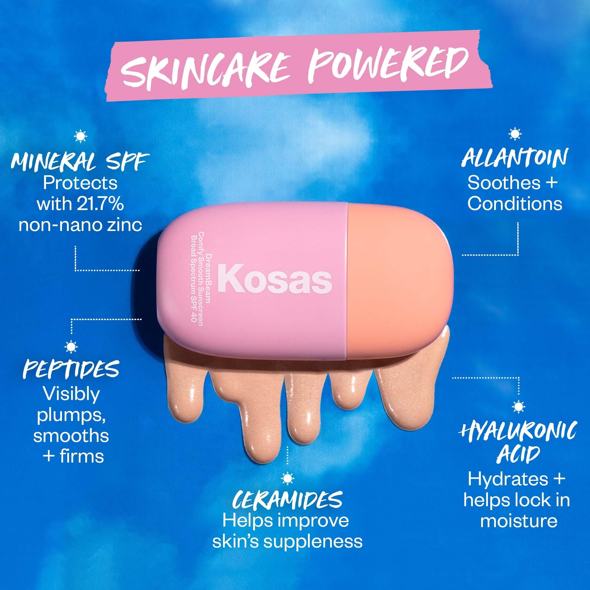 Kosas DreamBeam SPF 40 sheer finish, lightweight, breathable on skin.