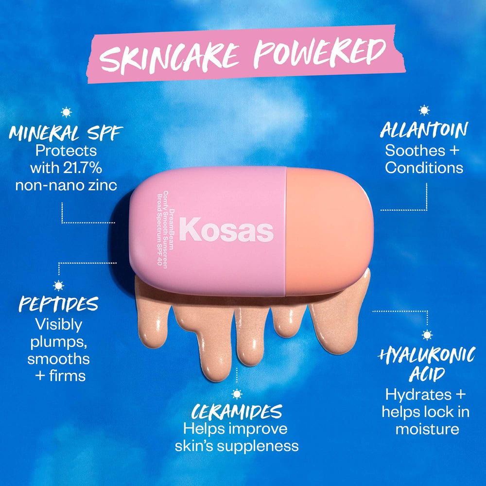 Kosas DreamBeam SPF 40 sheer finish, lightweight, breathable on skin.