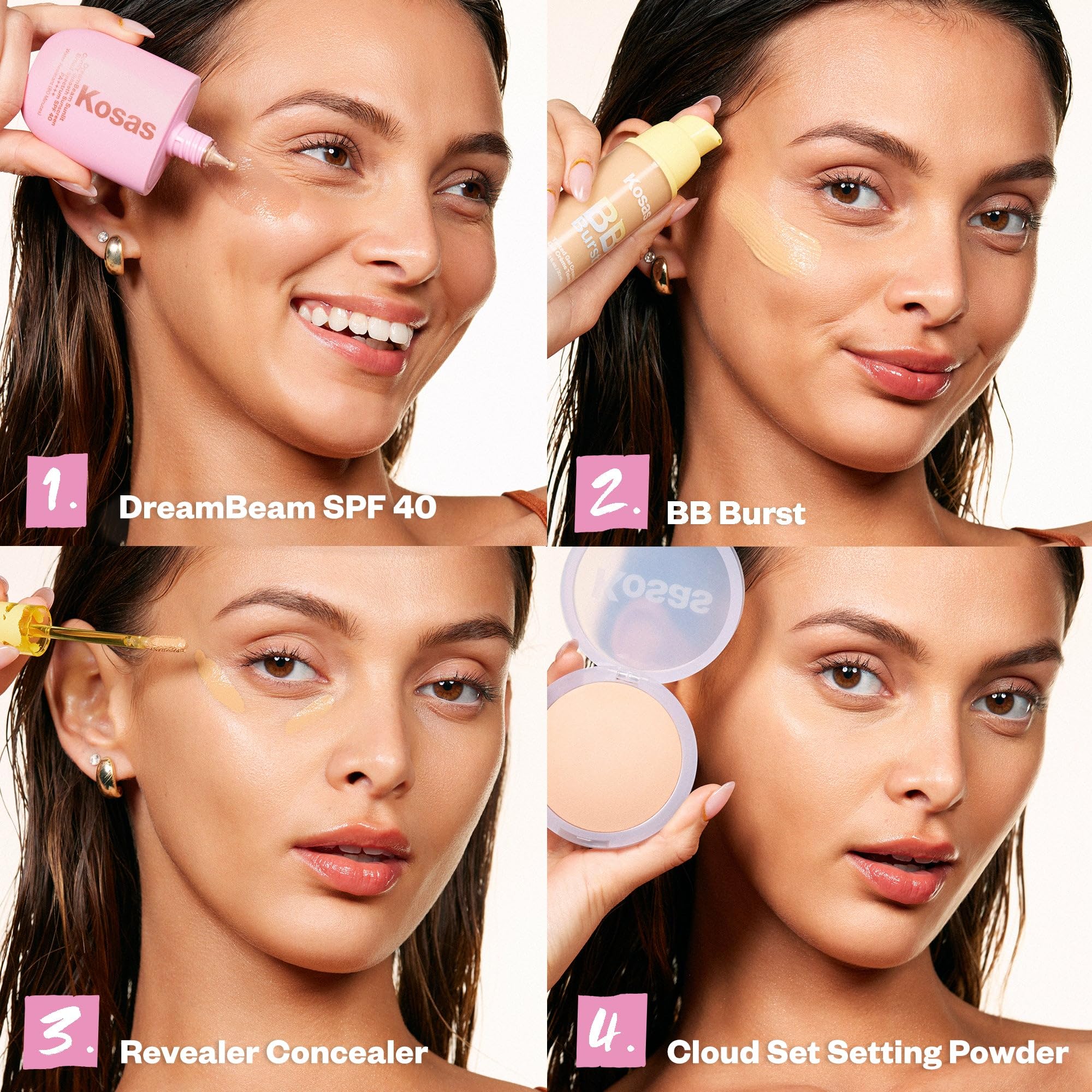 Kosas Mini DreamBeam SPF 40 near makeup bag showcasing on-the-go protection.