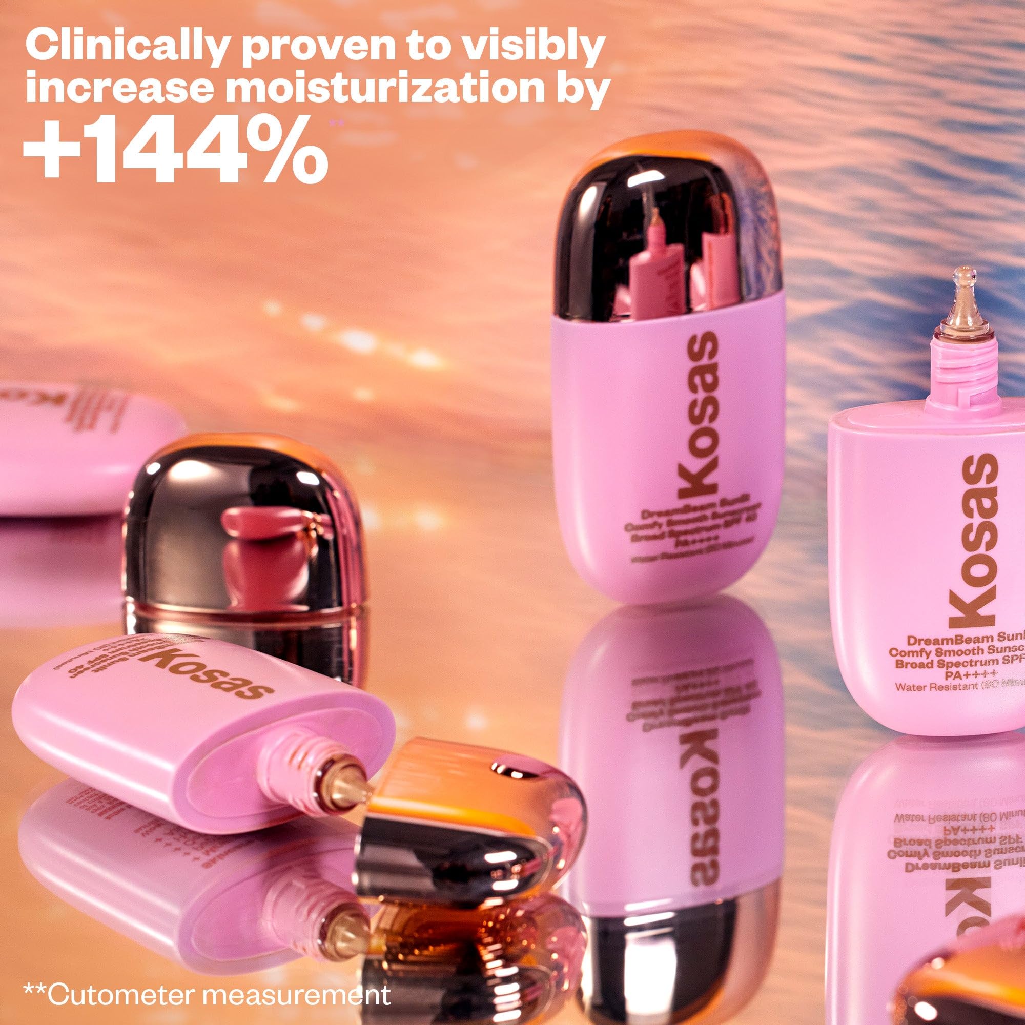 Kosas Mini DreamBeam SPF 40 with hydrating ingredients visible on skin and bottle.