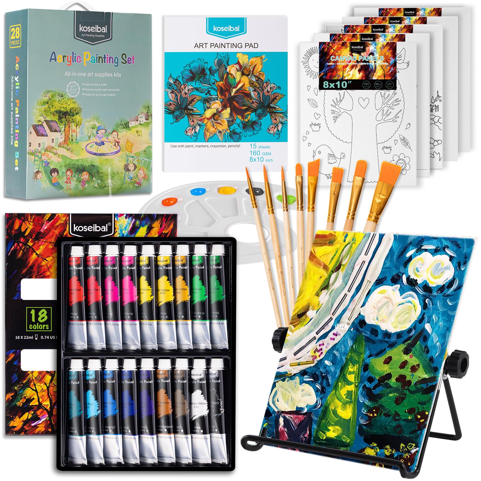 Koseibal acrylic paint set with 18 colors for budding artists to blend.